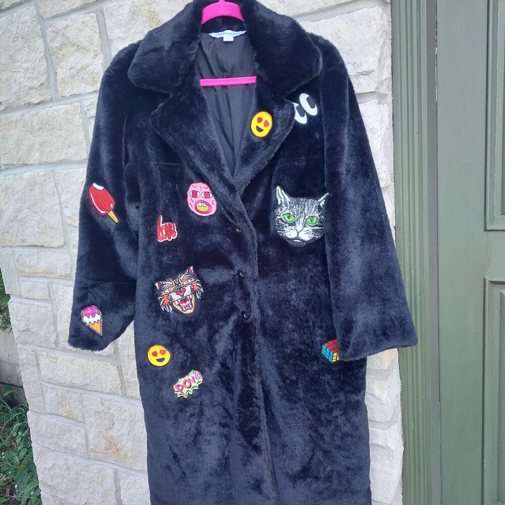 Black faux fur with colorful, funky, patches by UNAFASHIONAL